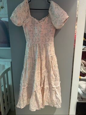 Ivy City Co Pale Pink Floral Smocked Midi Dress